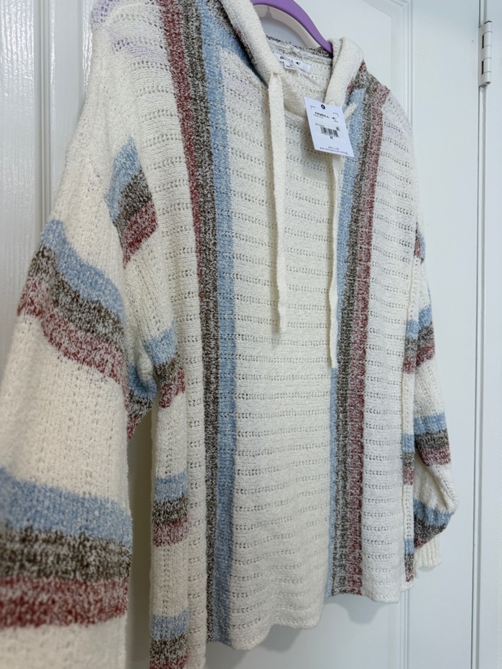 O’Neill Hooded Knit Sweater NWT Size M Cream Striped Boho Pullover - Picture 3 of 5